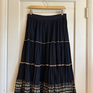 Navy Blue Vintage Midi Skirt with Gold and Blue Embroidery